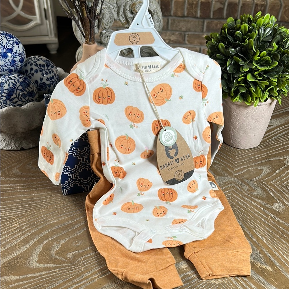 NWT! Fall Autumn Harvest Rabbit & Bear Pumpkin Infant Baby Organic Romper Set